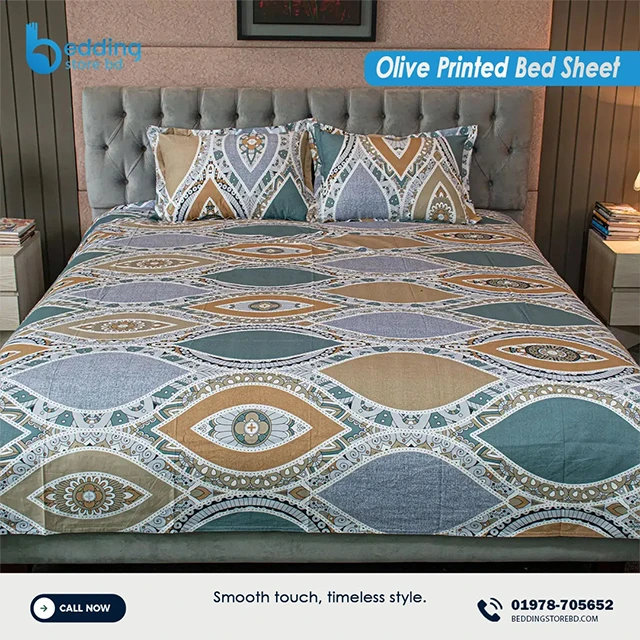 Olive Printed Bed Sheet – Premium Soft Cotton